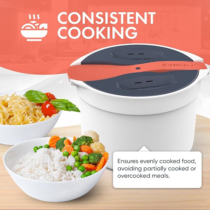 Microwave Rice Cooker Steamer and Pasta Cooker with Strainer - Mess-Free Design Dishwasher Safe Cooks Up to 8 Cups