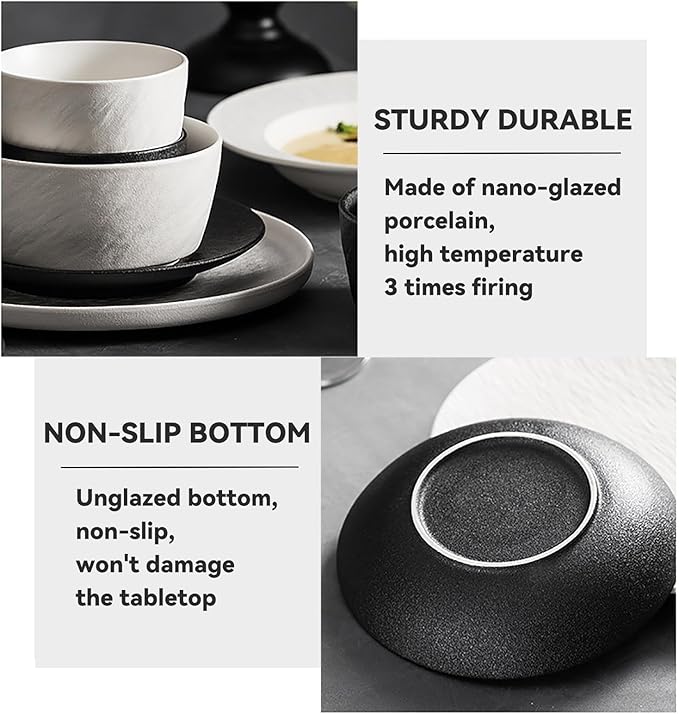 28/30 Pieces Dish Sets for 6 Black and White Serving Plates and Bowls Sets Frosted Texture Dinnerware Set Hard and Durability Scratch Resistant Dishware Set Dishwasher &amp Microwave &amp Oven Safe(