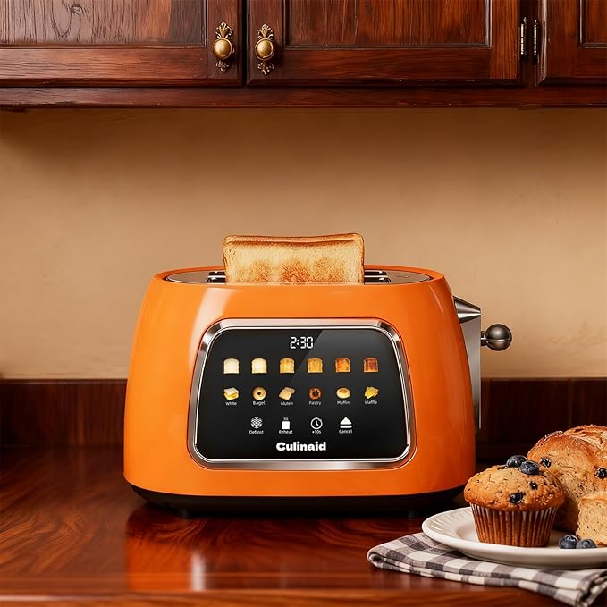 Toaster 2 Slice Smart Touch Screen Retro 1.5'' Extra Wide Slot Stainless Steel Digital Bread Toaster with Memory Function Bagel Defrost 6 Browning Level and Removable Crumb Tray Orange