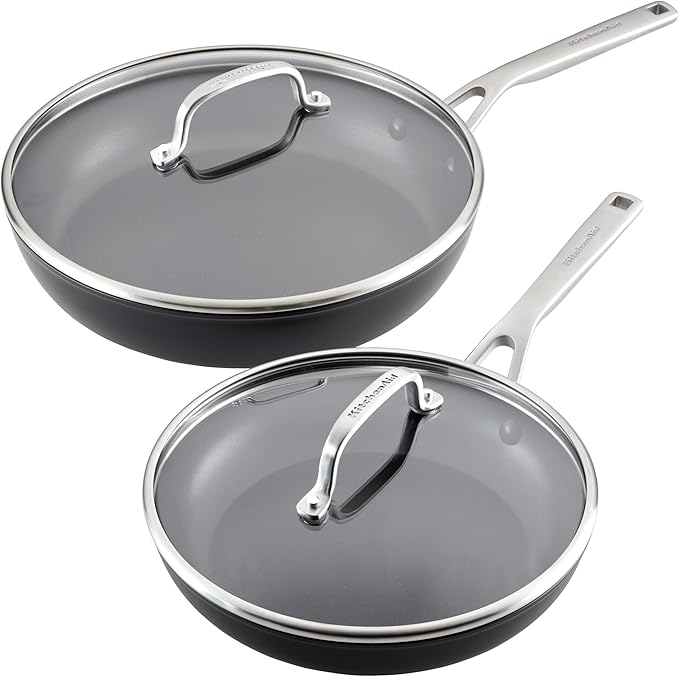 KitchenAid Hard Anodized Induction Nonstick Frying Pan Set With Tempered Lids 4-Piece - 10 &amp 12 Inch – Durable Even Heating Oven Safe to 500°F Dishwasher Safe Easy-Clean