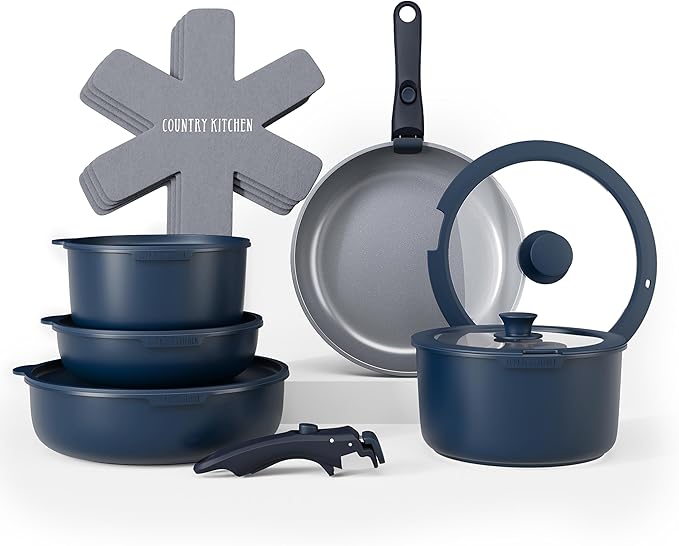 Country Kitchen Cookware Set with Removable Handle Oven &amp RV Safe Pots and Pans Set Denim Original