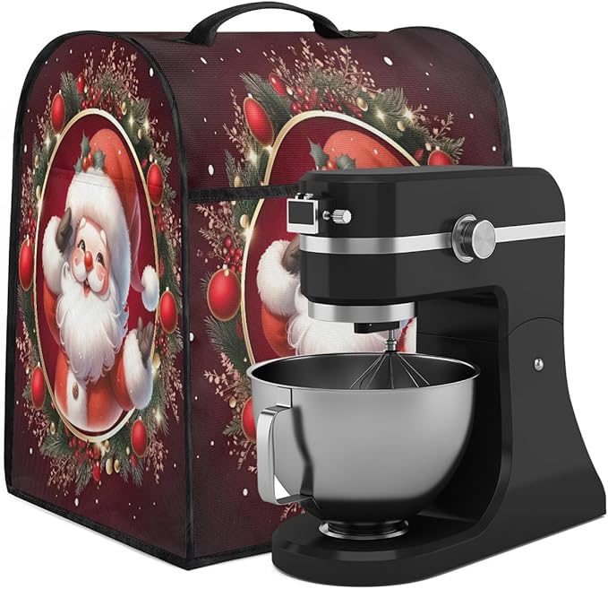 Kitchen Aid Mixer Cover Christmas Ball Santa Claus Stand Mixer Cover Compatible with 6-8 Quarts Stand Mixers Dust Covers with Zipper Pocket Foldable Washable Kitchen Aid Organizer Bag