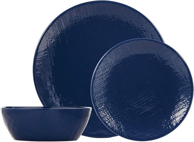Safdie &amp Co. Premium Dinnerset DINNERSET 12PCS NAVY LINEN EMBOSSED 12Pcs Set