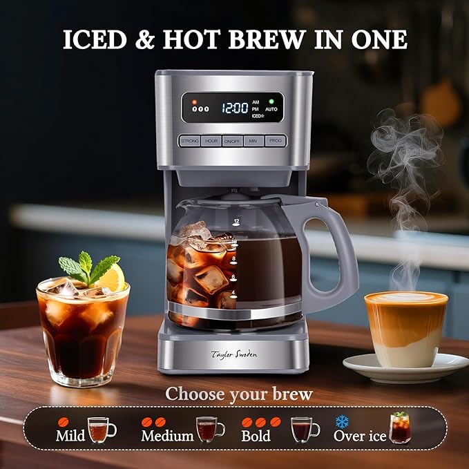 Taylor Swoden Programmable Coffee Makers 12 Cup Hot and Iced Coffee Maker 4 Brew Strength LED Display 24H Timer Keep Warm&ampAuto Shutoff- Drip Coffee Machine for Home/Office Gray &amp Stainle
