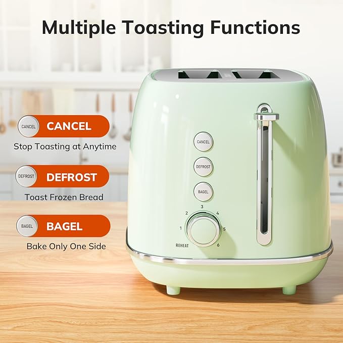 2 Slice Stainless Steel Toaster Retro with 6 Bread Shade Settings Bagel Cancel Defrost Function Extra Wide Slot Removable Crumb Tray Green