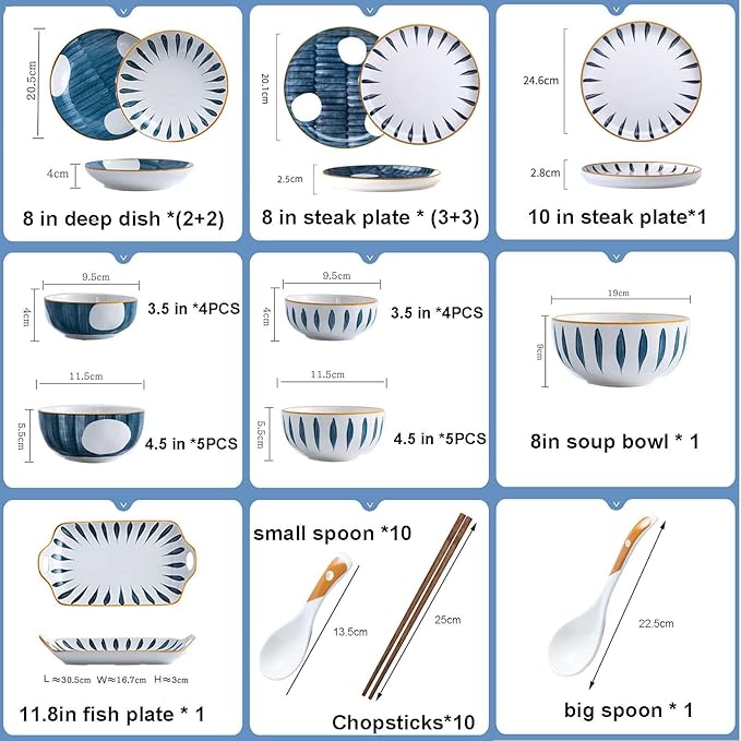 52 Pcs Japanese Table Dinnerware Set Ceramics Dinnerware Sets Plates Bowls Simple Stripes Ideal For Weddings And Steaks Plate Set
