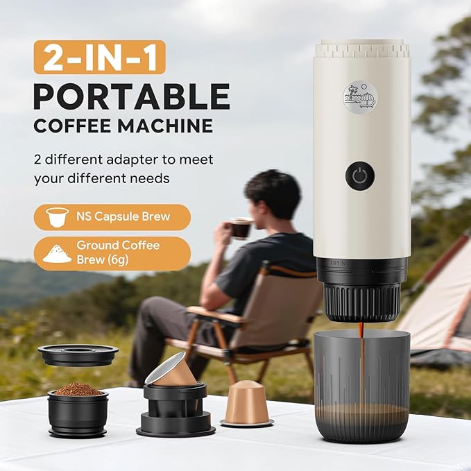 Portable Espresso Machine Travel Coffee Maker for Camping Car Coffee Maker Self-Heating with USB-C 2 in 1 With Ground Coffee &amp NS Capsule for RV Hiking OfficeChristmas Gifts for Men(White)