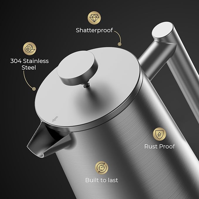 French Press Coffee Maker Stainless Steel French Press 34 Oz / 1L Large Insulated Double Wall Coffee Maker with 3 Extra Mesh Filters Satin Finish Silver