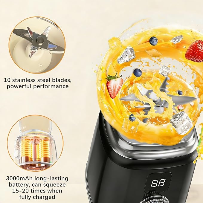 Portable Juicer Blender 600ml Personal Rechargeable Blender for Fruits &amp Vegetables 10-Leaf Blade with Dual Speed USB Wireless for Smoothies Home Kitchen Office Travel (White)