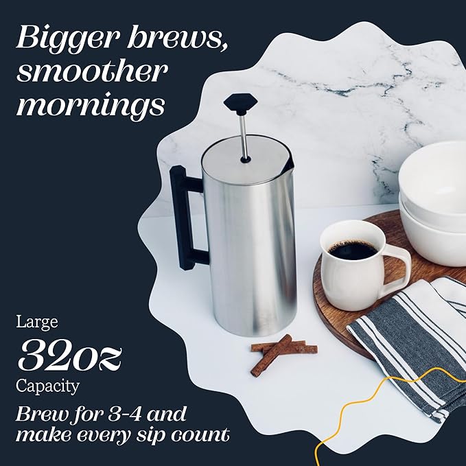 ESPRO P6 32 Ounces French Press Coffee Maker Double Walled Stainless Steel Insulated Brushed Stainless Steel