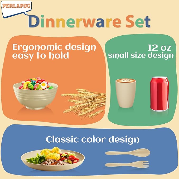 Kitchen Wheat Straw Dinnerware Sets for 4 Unbreakable Kids Dish Set 20 PCS - Dinner Plate/Cereal Bowl/Cup/Fork/Spoon for Outdoor Camping RV Apartment Essentials - Beige