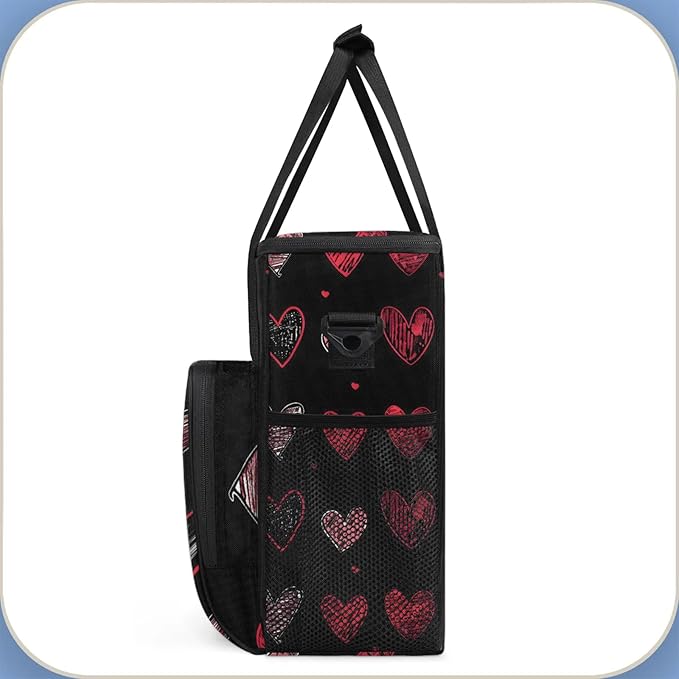 Valentine's Day Black Red Heart Coffee Maker Carring Bag Large Insulated Storage Organizer Case Tote Bags with Shoulder Strap for Travel Work Picnic