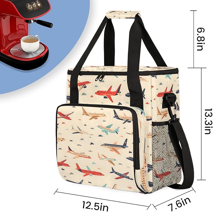 Cute Airplane Aircraft Coffee Maker Carring Bag Large Insulated Storage Organizer Case Tote Bags with Shoulder Strap for Travel Work Picnic
