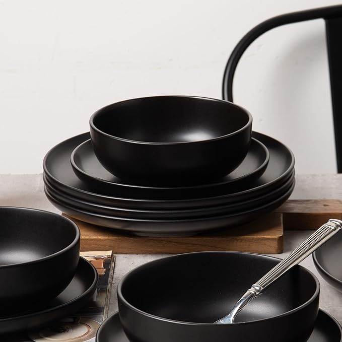 12-Piece Stoneware Dinnerware Set for 4 | Microwave &amp Dishwasher Safe | Non-Toxic Stackable Matte Glaze Plates and Bowls | Chip-Resistant Ceramic Dinner Set with Modern Design