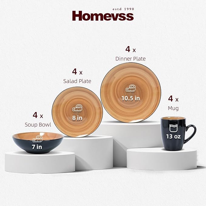 Sonoma 16pc Stoneware Dinnerware Set Outside Black + Inside Hand Painting Color Mocha