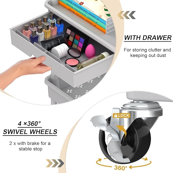Goovilla 4 Tier Rolling Utility Cart Organizer with Removable Drawer Stable and Sturdy Grey Rolling Storage Carts with 2 Lockable Wheels for Bathroom Kitchen Snack Craft Makeup Baby Essentials
