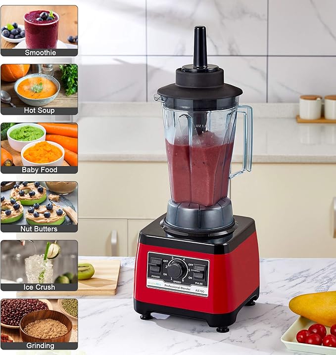 BioloMix Heavy Duty Professional Blender Peak 2200W Commercial Grade Bar Blender With 70Oz Container For Shakes Smoothies Ice Crushing Frozen Fruits Soups Dry Grinding (Red)