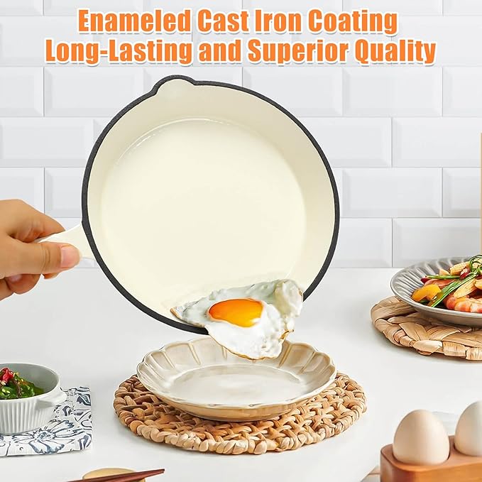 Hisencn Enameled Cast Iron Skillet Set - 3-Piece Fry Pans (89.511) PFAS/PTFE/PFOA-Free Oven &amp Induction Safe Cream White Cookware for Gas Electric Ceramic Stovetops