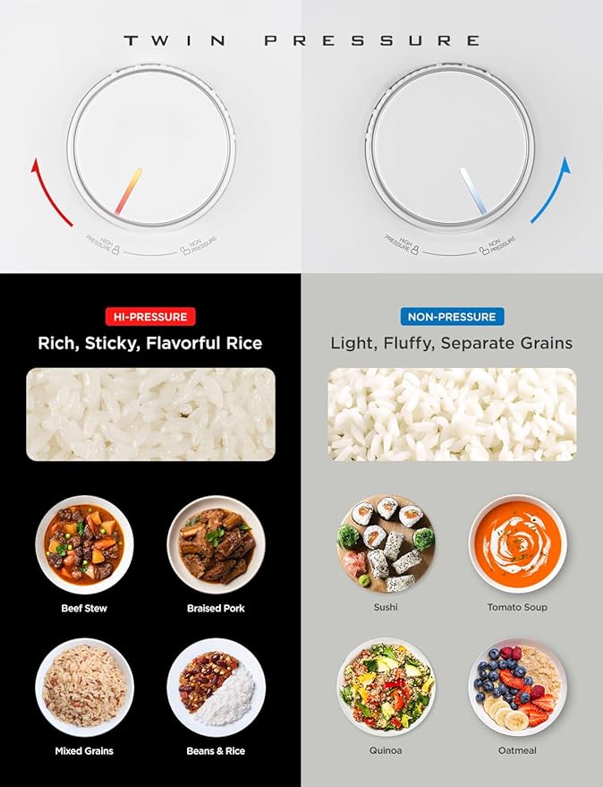 CUCKOO Twin Pressure Rice Cooker 6-Cup Uncooked / 12-Cup Cooked with Nonstick Inner Pot Versatile Rice Maker &amp Warmer with 16 Menu Options Open Cooking Mode Voice Guide White (CRP-ST0609FW)