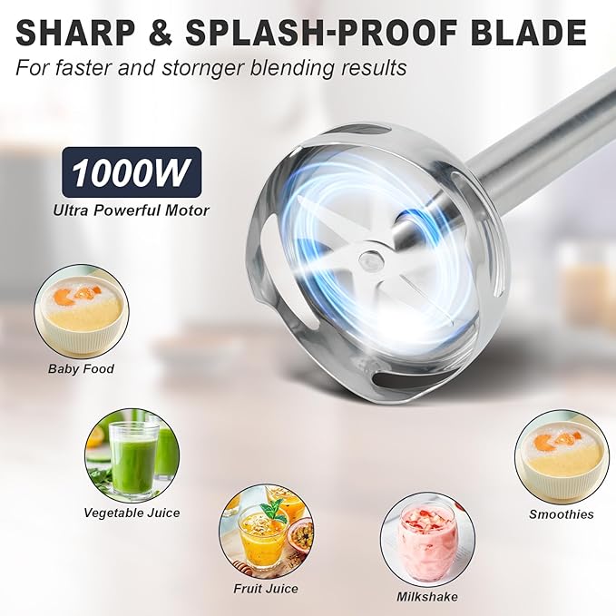 Immersion Blender 4 in 1 Hand Bender Max 1000W 5 Speeds &amp Turbo with Copper Motor Stainless Steel Blade Handheld Blender Stick Mixer with Egg Whisk 700ml Beaker &amp 500ml Chopper Bowl