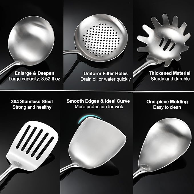 Stainless Steel Kitchen Utensils 12.5-14 Wooden Handle Metal Cooking Utensils Set 9 PCS Solid and Slotted Spoon Fork Spatula Ladle Skimmer Slotted Tunner Spaghetti Large Spoon