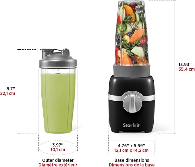 Starfrit Personal Blender - Two 828ml Cups - High Low &amp Pulse Modes - 300W - Black