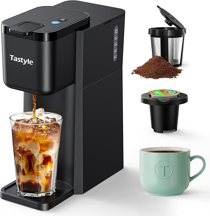 Mini Hot and Iced Coffee Maker Single Serve for K Cup and Ground 6 to 14 Oz Brew Sizes with Recipe Book for Home Travel RV Office and Dorm Classic Black (2.0 Version)