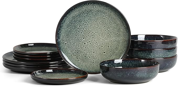 Stone Lain Remy 12-Piece Dinnerware Set Stoneware Plates and Bowls Set Dishwasher and Microwave Safe Dish Set for 4 Blue