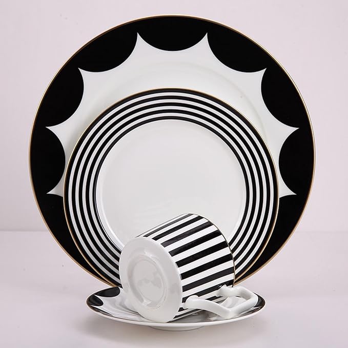 European Style Dinnerware Set Service for 6 Bone China Dinnerware Sets Unbreakable Porcelain Dinner Sets Coffee Cup and Saucer Tableware Set Steak Dinner Plates Dish Set black and white-03