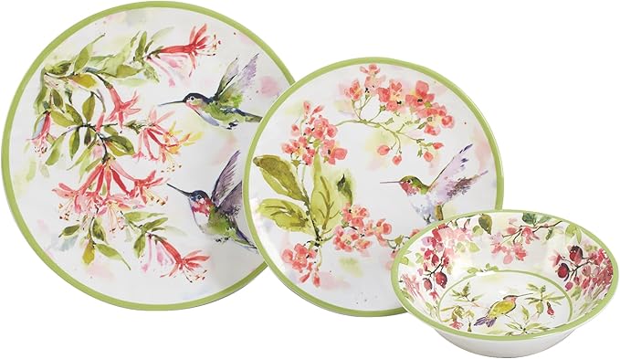 Hummingbirds 12-Piece Melamine Dinnerware Set – Service for 4 with Dinner Salad and Bowls – Lightweight Durable Dishwasher Safe Floral Hummingbird Design for Indoor &amp Outdoor Dining