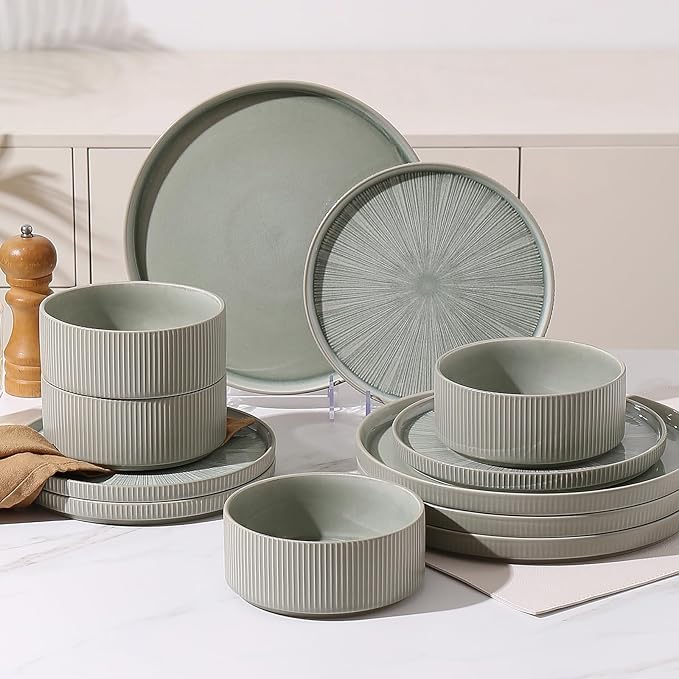 Dinnerware Sets for 4 Ceramic Plates and Bowls Set 12 Piece Dinnerware Chip Resistant Stoneware Dishwasher and Microwave Safe-Green