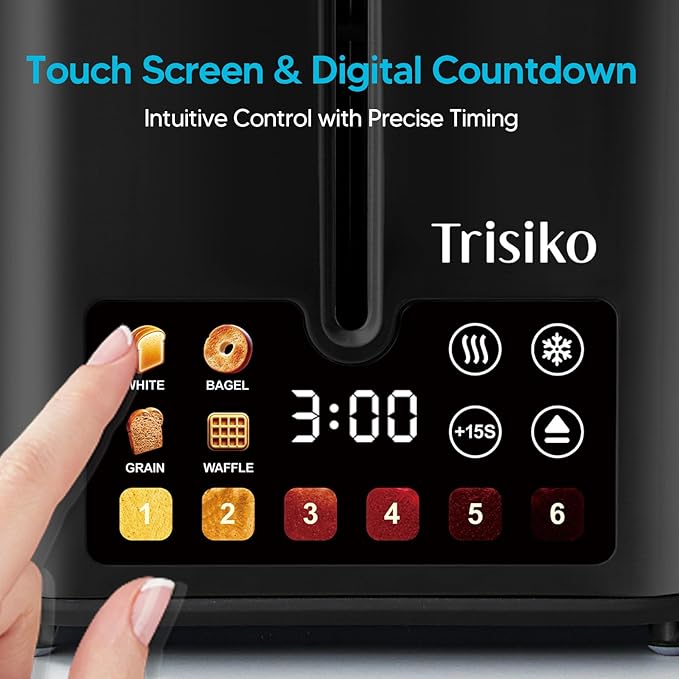 Trisiko® Touch Screen Toaster 2 SliceSmart Toaster with Digital Timer 1.38 Extra-Wide Slots for Bread&amp Bagelwith Reheat Defrost Cancel +15s Boost Great for Home Office Dorm (Black)