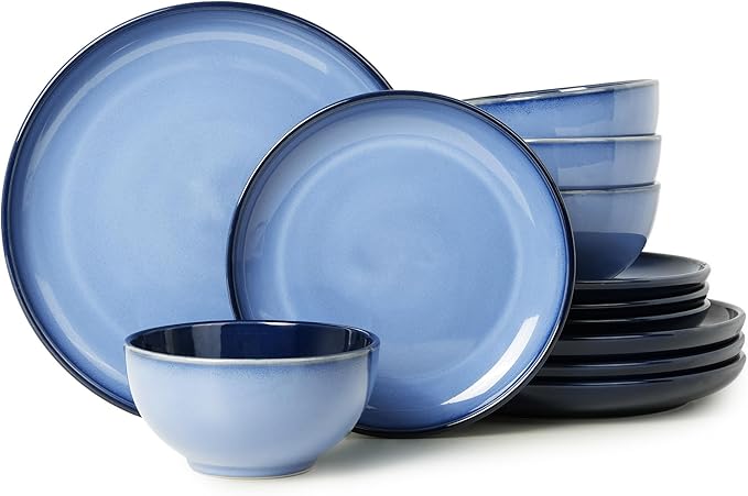Stoneware Dinnerware Sets Ceramic Plates and Bowls Set Microwave &amp Dishwasher Safe Kitchen Dish Set Modern Dinner Plates | Salad Plate | Cereal Bowls for 4 Dishware Sets Blue