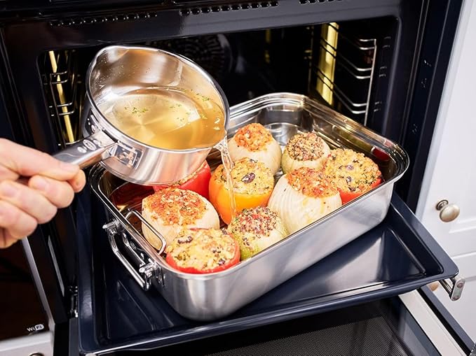 RÖSLE Expertiso Rectangular Roasting Dish with Glass Lid 18/10 Stainless Steel Oven-Safe Induction Safe Dishwasher Safe Silver 38 x 28 cm