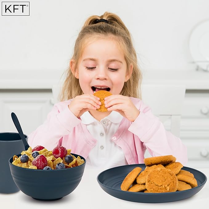 Wheat Straw Dinnerware Sets for 4 - KFT Lightweight &amp Unbreakable Dishes Microwave &amp Dishwasher Safe Perfect for Camping Picnic RV Dorm Plates Cups and Bowls (Blue 24pc)