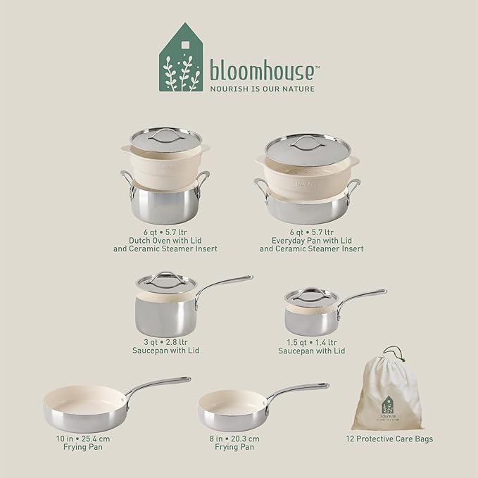 Bloomhouse 12 Piece Triply Stainless Steel Pots and Pans Cookware Set w/Non-Stick Non-Toxic Ceramic Interior Ceramic Steamer Inserts &amp 12 Protective Care Bags