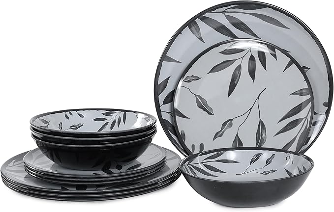 12pcs Melamine Dinnerware Set - Service for 4 Melamine Plates and Bowls Set Unbreakable Dinner Salad Dessert Plate Cereal Bowl Set for Indoor/Outdoor Gray Leaf