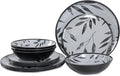 12pcs Melamine Dinnerware Set - Service for 4 Melamine Plates and Bowls Set Unbreakable Dinner Salad Dessert Plate Cereal Bowl Set for Indoor/Outdoor Gray Leaf