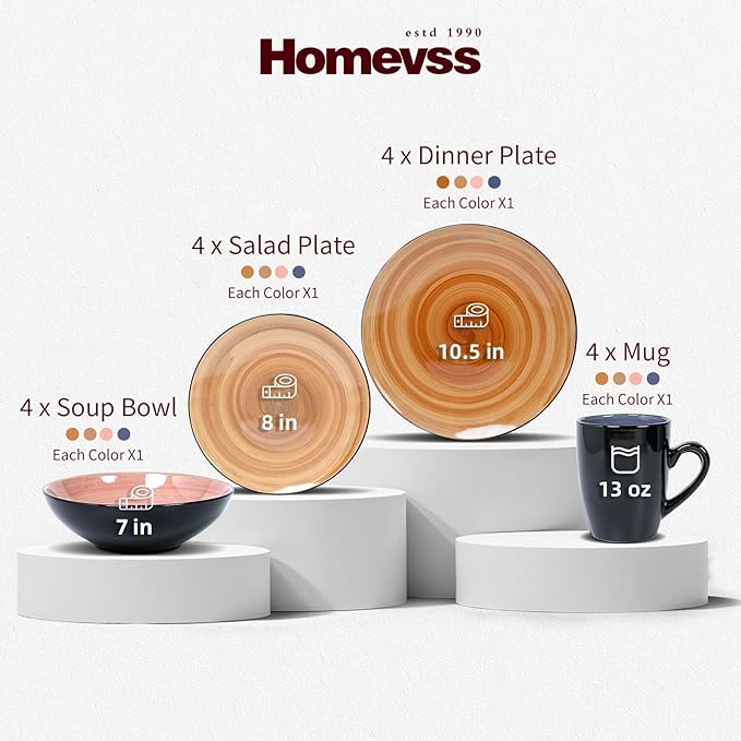 Sonoma 16pc Stoneware Dinnerware Set Outside Black + Inside Hand Painting Combi Colors of Cobalt Mocha Rose and Spice with Speckle
