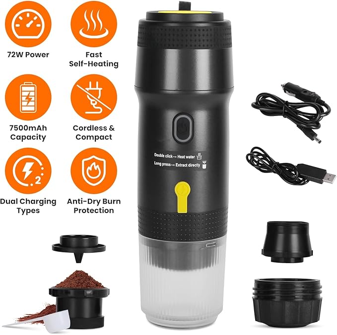 iMounTEK Portable Electric Espresso Machine Cordless Coffee Maker with Self-Heating &amp Anti-Dry Burn Fit for Ground Coffee Espresso Maker for Car Camping RV Travel &amp Home–Black