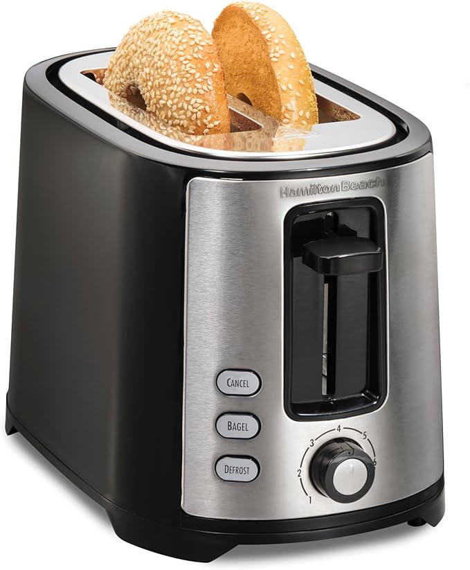 Hamilton Beach 2 Slice Extra Wide Slot Toaster with Bagel &amp Defrost Settings Shade Selector with 7 Browning Levels Toast Boost Auto Shutoff Black &amp Stainless Steel (22633)