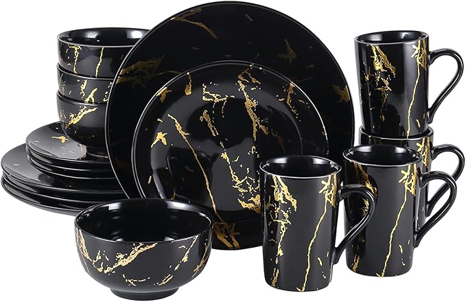 Modern Porcelain 16 Piece Black Dinnerware SetPlates and Bowls SetsGold Dish Set for 4Black Dinnerware SetDinner Sets with Dinner Plates