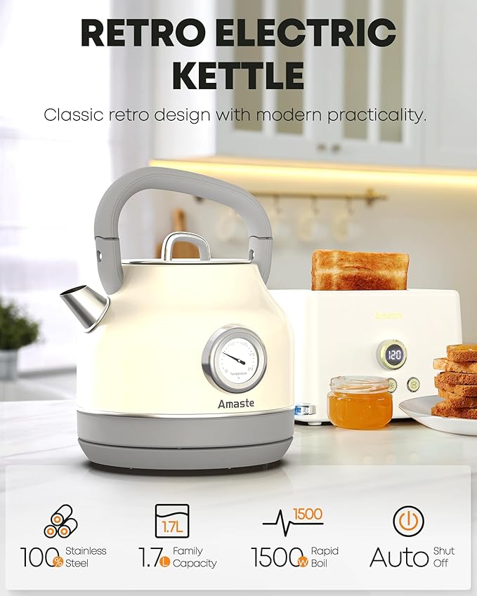 Amaste Green Coffee Maker &amp Green Toaster &amp White Retro Electric Kettle Set