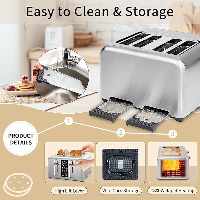 SEEDEEM Toaster 4 Slice Full Touch control Toaster LCD Display 6 Bread Type 7 Shade Settings 1.4''Wide SlotsMore Time Function Removable Crumb Tray 1800W Silver Metallic