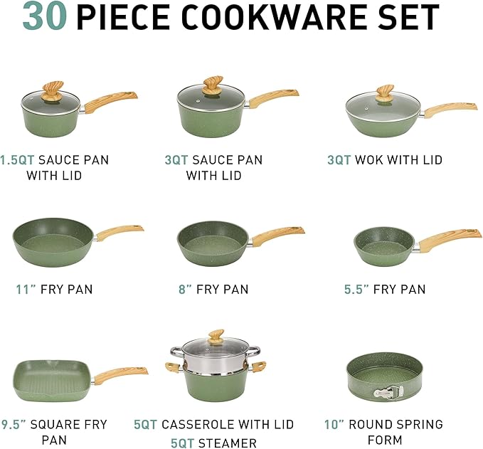 MAISON ARTS Pots and Pans Set Non Stick 30 Piece Kitchen Cookware &amp Bakeware Sets with Granite Coating Pots and Pans Sets for Cooking Nonstick Green