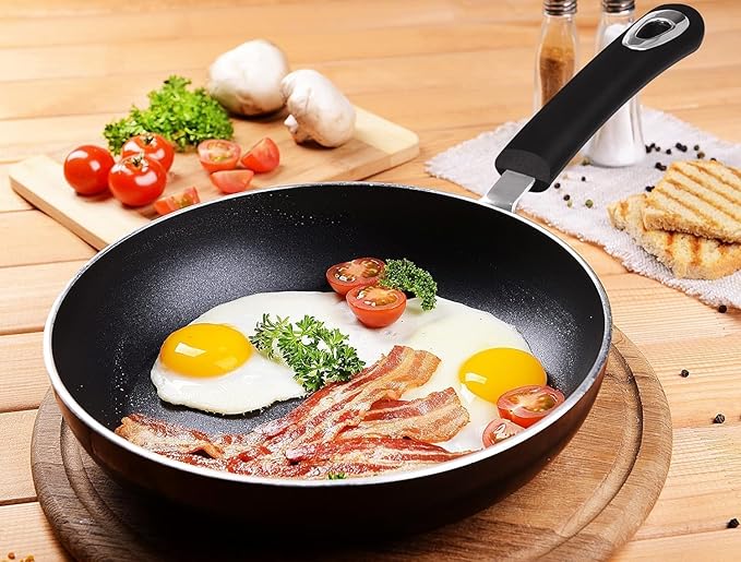 KICHLY Kitchen Pots and Pans Set Non Stick 5pcs Induction Frying Pans 20cm 28cm Saucepan with Lids 20cm 18cm Non Induction Saucepan 16cm Bakelite Handles Oven and Dishwasher Safe Pots Set Black