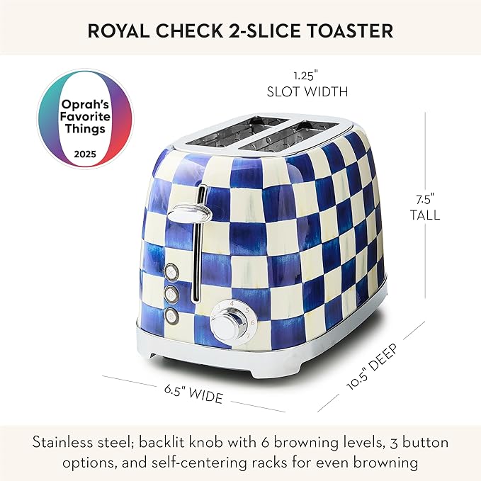 MACKENZIE-CHILDS 2-Slice Toaster Decorative Toaster for Kitchen Blue-and-White Royal Check