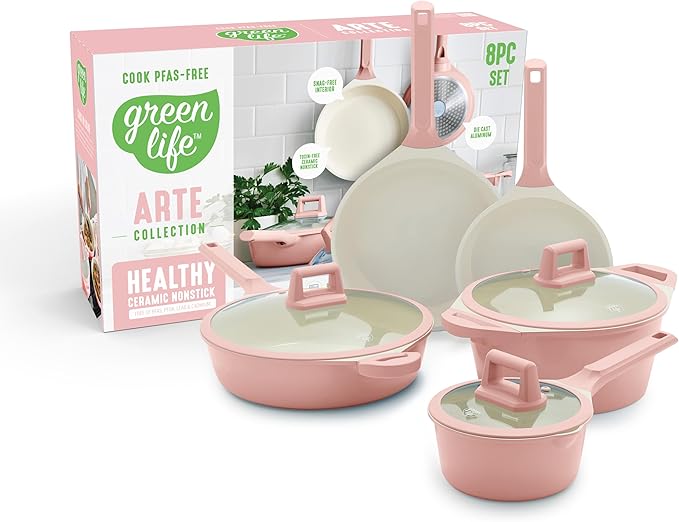 GreenLife 8 Piece Ceramic Nonstick Cookware Set Induction Suitable Non Toxic PFAS-Free Pots &amp Pans Dishwasher Safe Cooking Set Stock Pot Saucepans &amp Frying Pans Kitchen Cooking Light Pi
