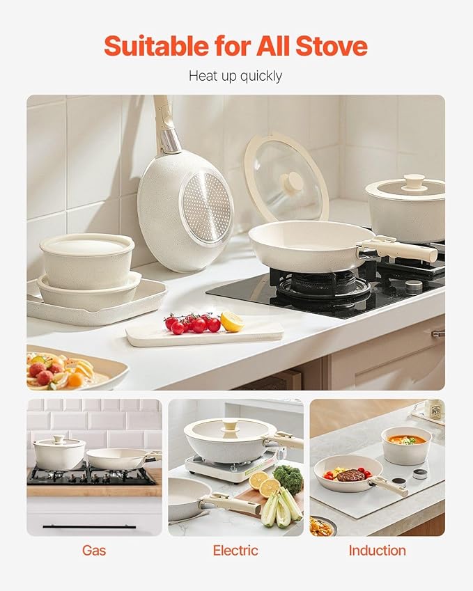 17 Piece Pots and Pans Set Granite Nonstick Kitchen Cookware Induction White