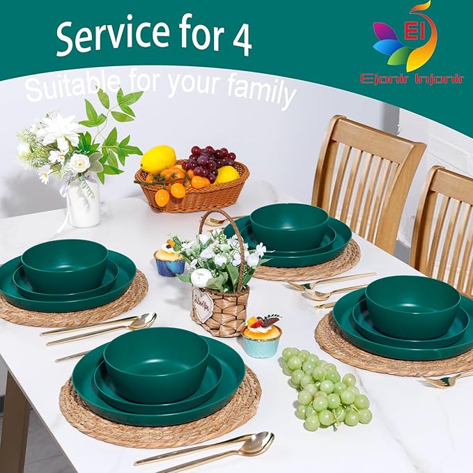 EI 12pcs Dark Green Wheat Straw PlatesPlate and Bowls SetsWheat Straw Dinnerware SetUnbreakabl Plastic Plates ReusableeMelamine Dinnerware Sets